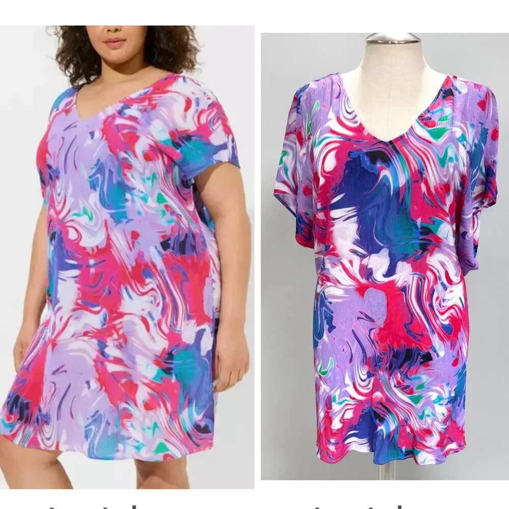 Torrid Size 3 (3X 22/24) Gauze Swim Cover Up Beach Dress V-Neck Abstract Print